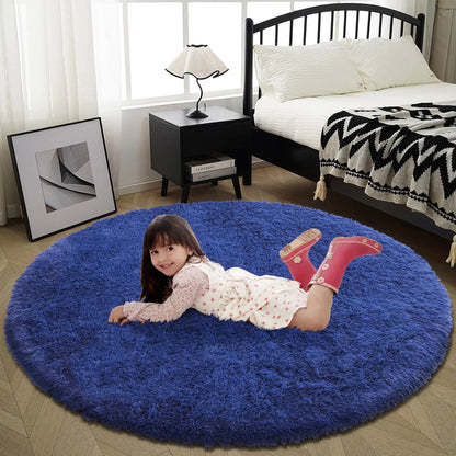 Blue Soft Shaggy Round Rug 4x4