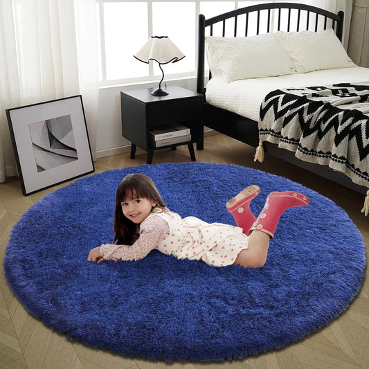 Blue Soft Shaggy Round Rug 4x4
